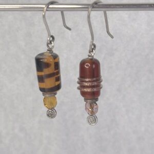 Lamp work Earrings dangle Sterling Silver Brown swirl glass